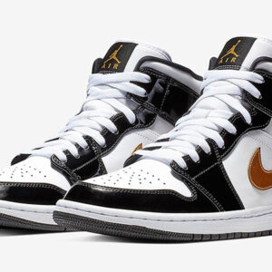 Jordan 1 Mid Patent Black White Gold