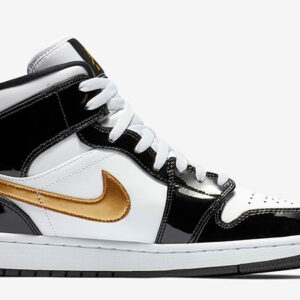 Jordan 1 Mid Patent Black White Gold